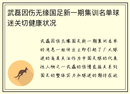 武磊因伤无缘国足新一期集训名单球迷关切健康状况