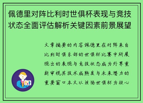 佩德里对阵比利时世俱杯表现与竞技状态全面评估解析关键因素前景展望
