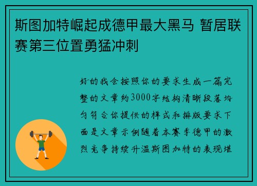 斯图加特崛起成德甲最大黑马 暂居联赛第三位置勇猛冲刺